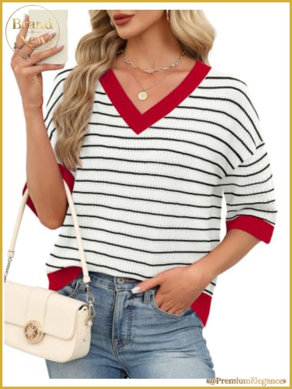 Oversized 3/4 Sleeve Knit Crochet Sweater V-Neck Pullover Lightweight